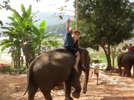 Waving from the elephant's back